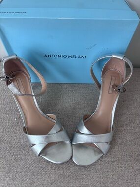 ANTONIO MELANI Silver Metallic Crisscross Ankle Strap Heels - 2 inch heel
